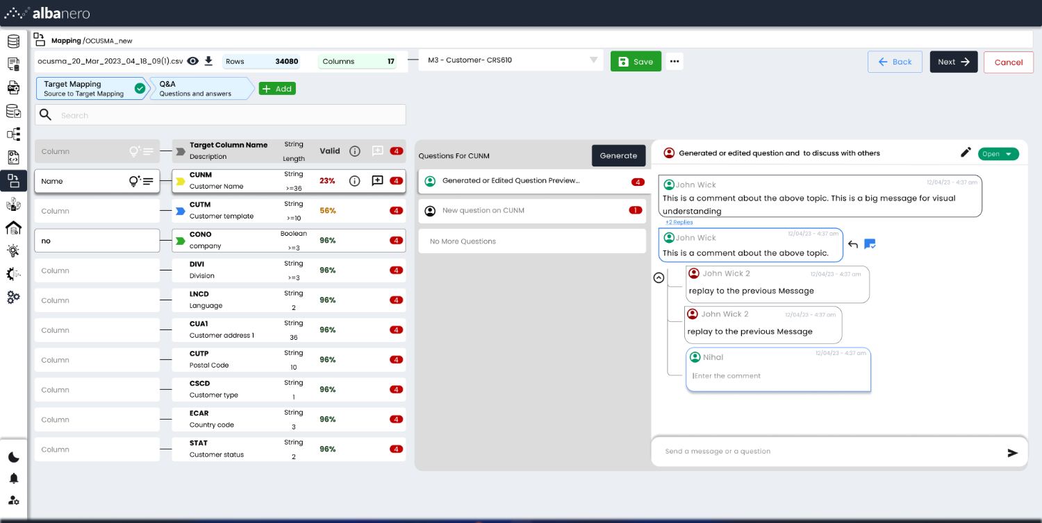 Target mapping with validity scores and a threaded Q and A panel
