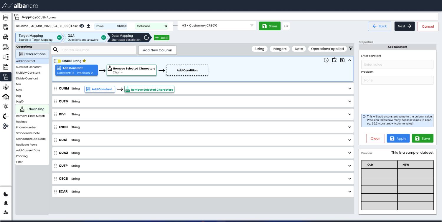 Data mapping step with operation chain per column